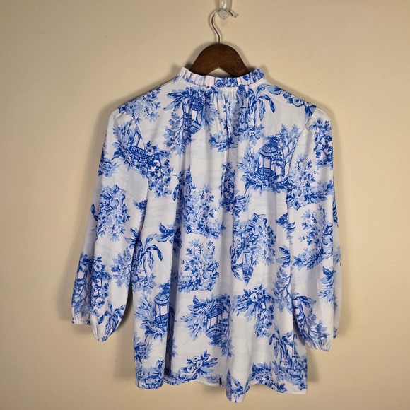 Crown & Ivy Women Blue White Toile Print Tassel Tie Blouse Top Small 3/4 Sleeve - Picture 5 of 10